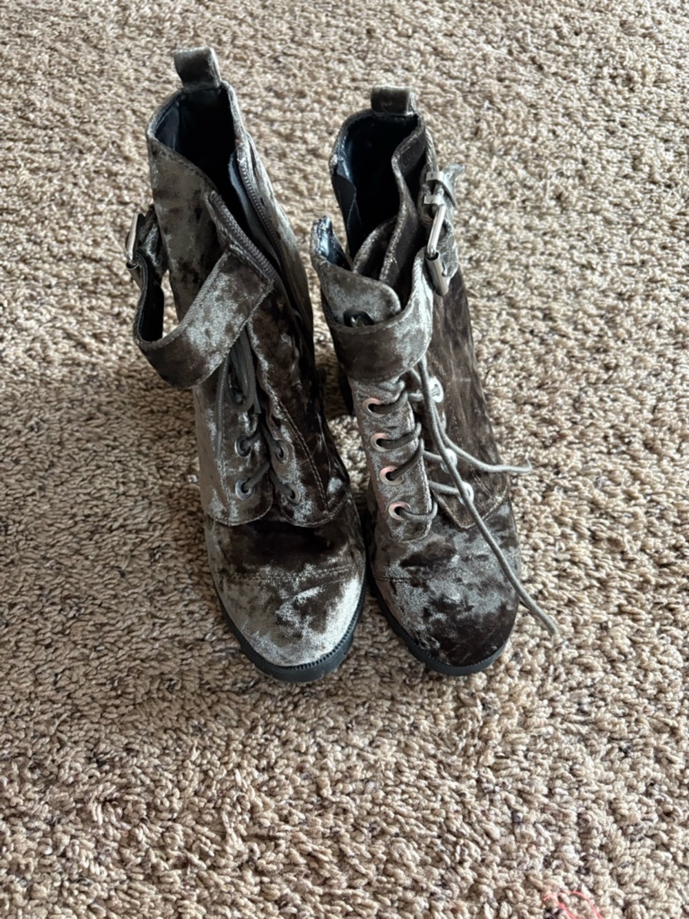 Velvet Lace-Up Ankle Boots in Charcoal grayish brown